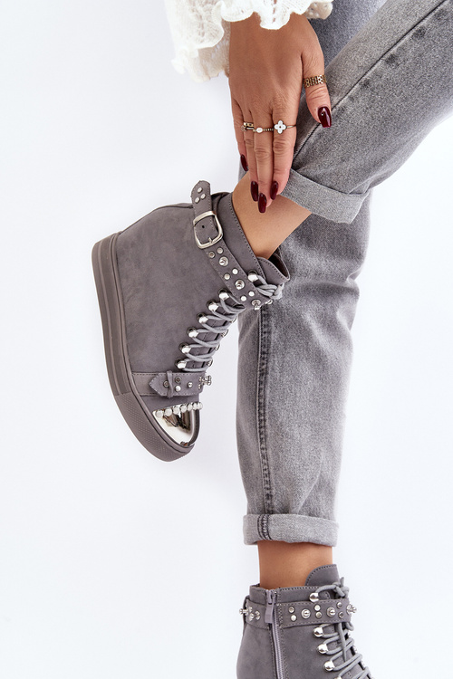 Botki Ocieplane Na Koturnie Z Dżetami Szare Lu Boo XW37348