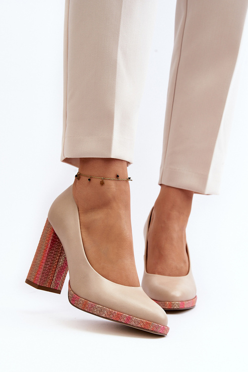 Czółenka Słupek Skóra Naturalna Beżowe Laura Messi 2746