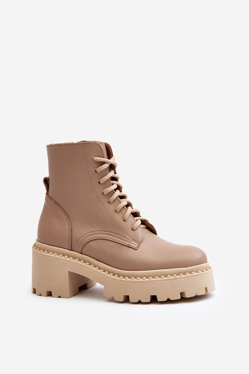 Workery Botki Skóra Naturalna Masywny Obcas Beżowe Zazoo 3413