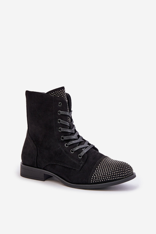 Embellished ankle boots with flat heel eco suede insulated black Ellieo