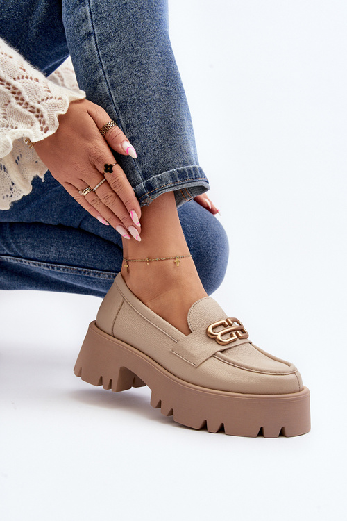 Loafersy Damskie Masywne Skóra Naturalna Beżowe Zazoo 20164