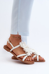 Women's Flat Sandals Adorned with White Flower Decorations Abidina