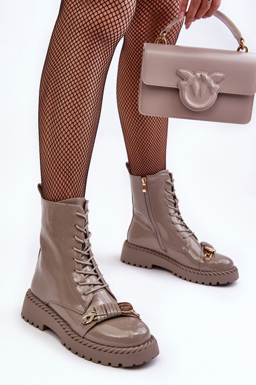 Women's Glossy Ankle Boots Brogues with Decoration Beige SBarski MR870-67