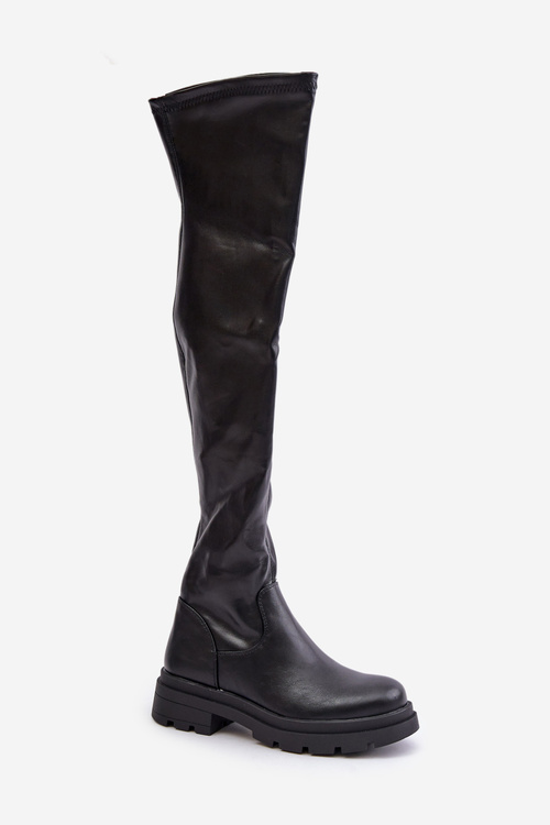 Eco Leather Knee High Boots With Flat Heel Black Santira