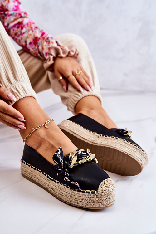 Espadryle Skóra Damskie Ozdobny Łańcuch Czarne Fancy