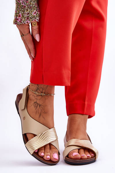 Skórzane Sandały Na Rzep Złoto-Beżowe Lemar Addidson