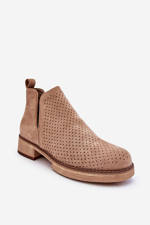 Suede Openwork Flat Heel Boots Dark Beige Angie 