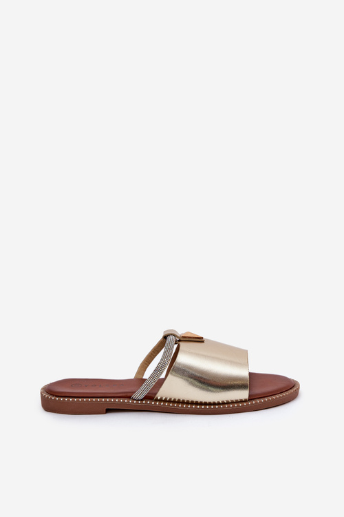 Eco Leather Slippers On Flat Heel With Decorative Strap Golden Hirtewi