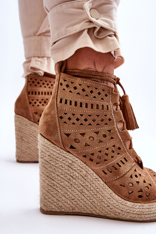 Suede Openwork Wedge Boots Camel Berthe