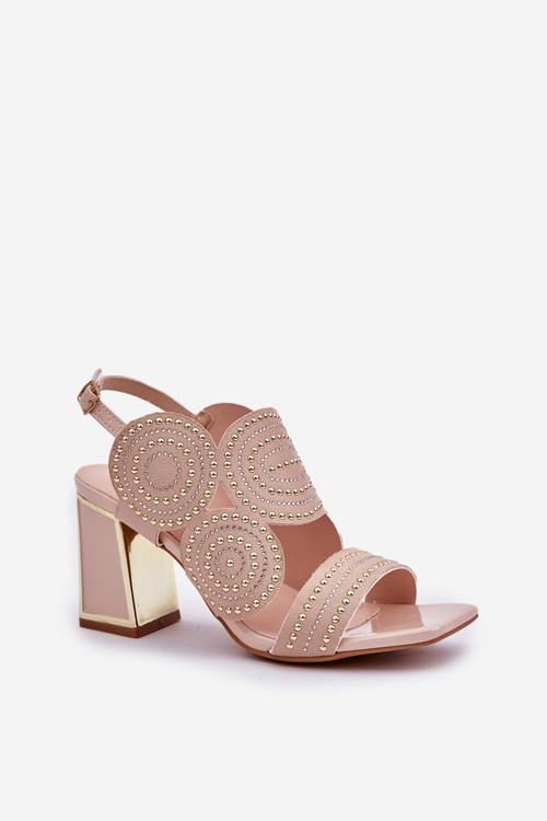 Zdobione Sandały Damskie Na Słupkowym Obcasie Beżowe Delariona