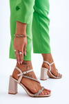 Leather Sandals With Rhinestones Heels Beige Carlotta