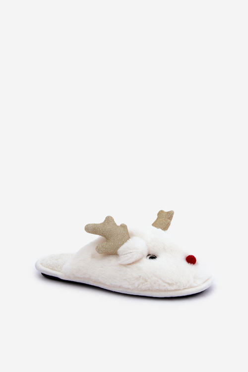 Christmas Slippers With Reindeer Motif Fur White Asielle