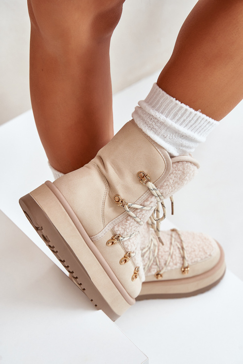 Ladies Platform Snow Boots With Lacing Light Beige Riaviana