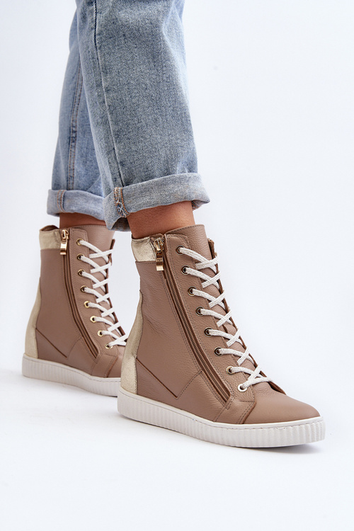 Zazoo 3081 Women's Leather Wedge Sneakers Beige