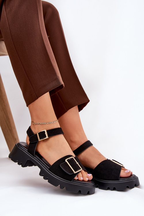 Eco Suede Sandals Women's With Buckle Black Gofielle