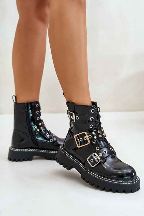 Lacquered Worker Boots With Buckles Black Serizia