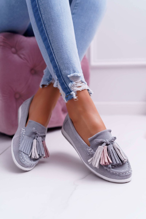 Women's Leather Suede Fringed Moccasins Grey Batist