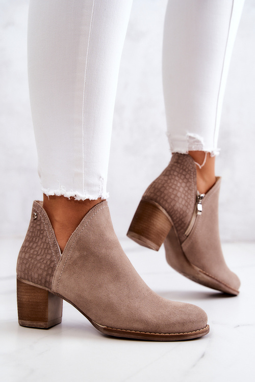 Botki Damskie Skórzane Słupek Suwak Beżowe Larsa