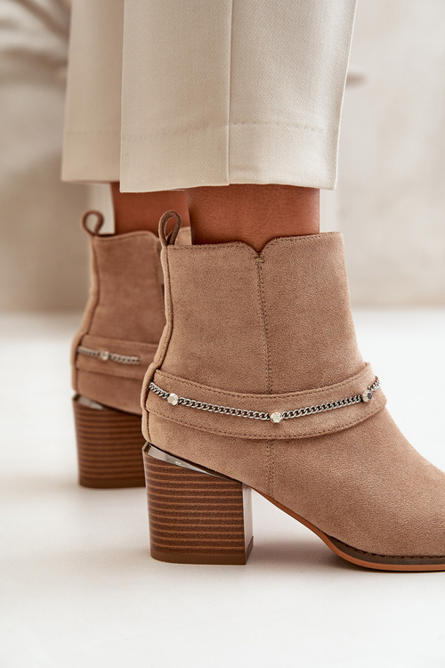 Damskie Botki Ocieplane Z Łańcuszkiem Obcas Słupek Eko Zamsz Beżowe Hanalen