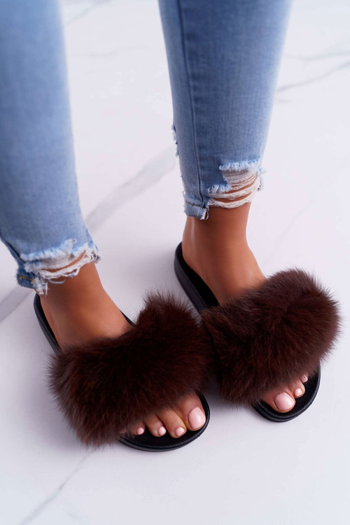 Women's Flip Flops with Natural Fur Coffee Naturis