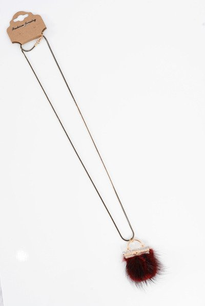 Women's Necklace with Pompon and Crystals Maroon