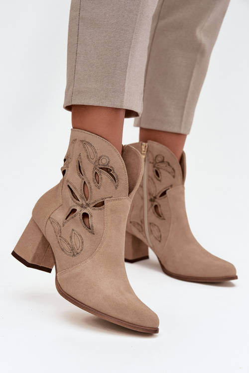 Suede openwork women's ankle boots on heel Zazoo 3647 beige
