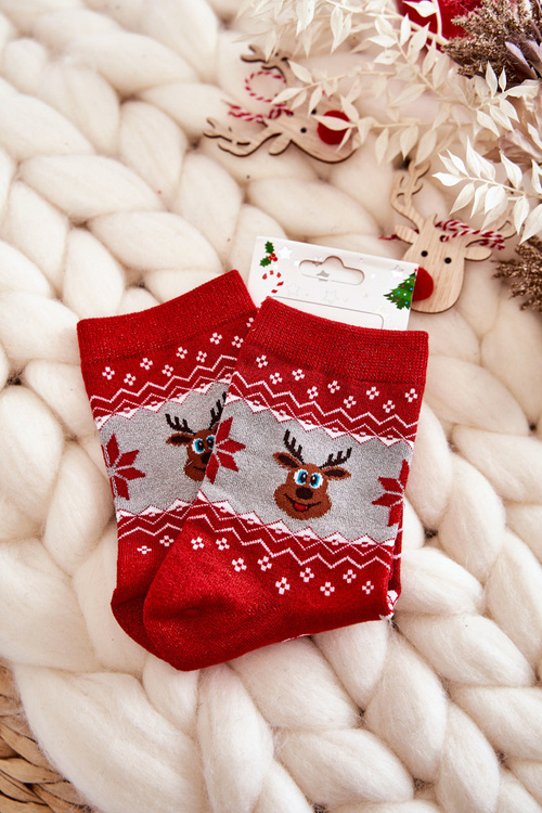 Women's Christmas Socks Shiny Reindeer Red and Gray