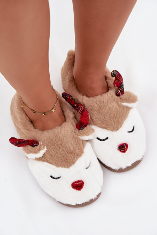 Christmas Women's Slippers With Reindeer Motif Furry Beige Orsella
