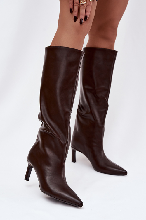 Women's slip on heeled boots with stitching chocolate Olyvia