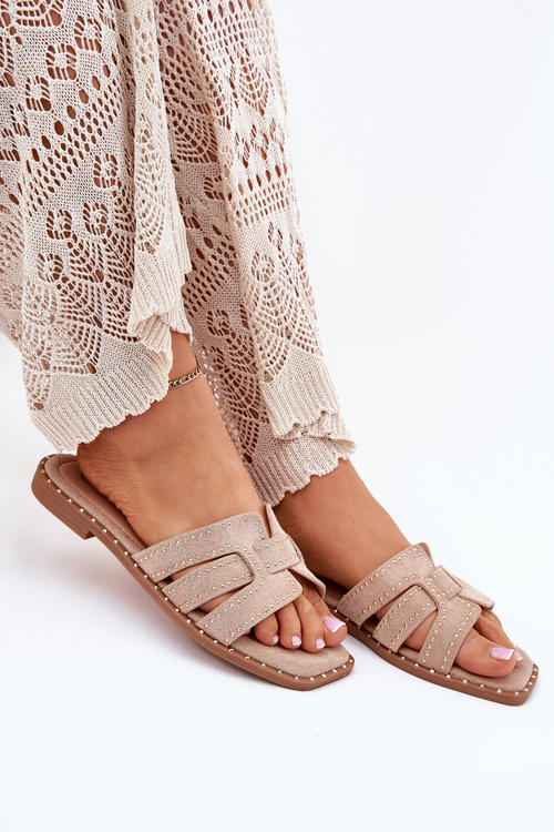 Damskie Eko Zamszowe Płaskie Klapki Ze Zdobieniem Khaki Anniles