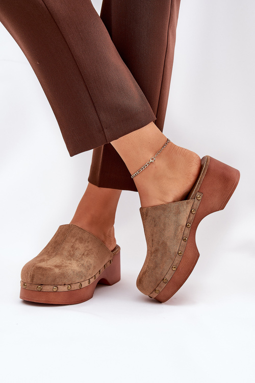 Women Slippers With Studs Eco Suede Camel Ellason