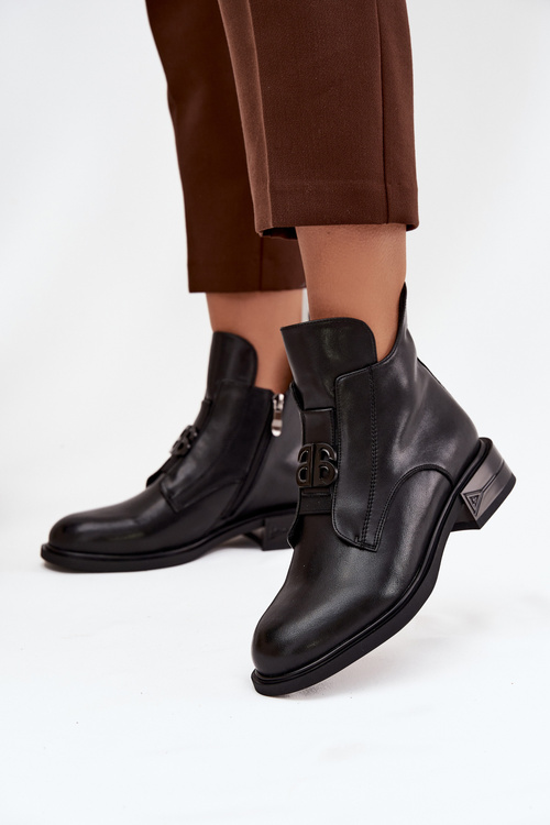 Damskie Botki Skóra Naturalna Ozdobny Detal Niski Obcas Czarne Briselda