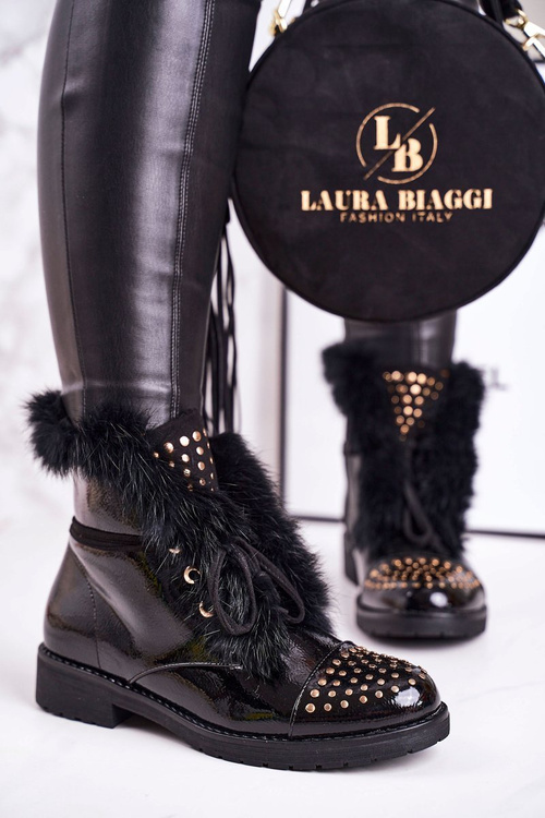 Women's Insulated Boots With Studs And Fur Shiny Glam