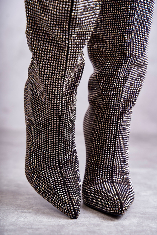 Kozaki Modne Obcas Szpilka Cyrkonie Czarne Lovisa