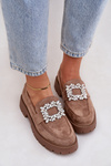 Eco Suede Women's Moccasins With Decorative Brooch Dark Beige Valiana
