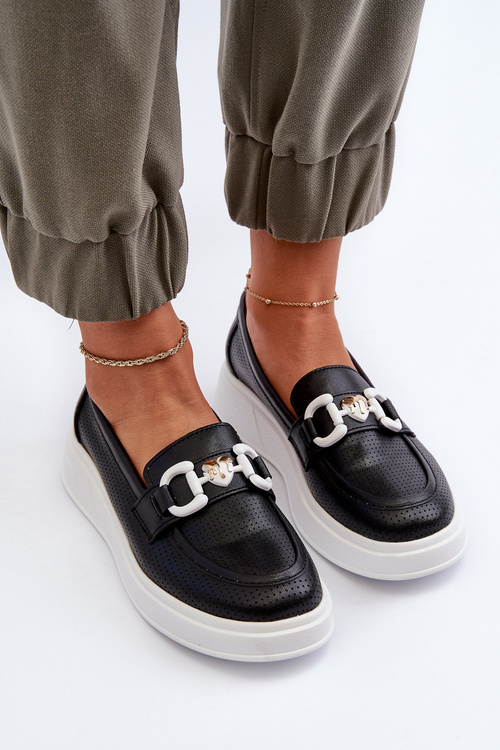 Mokasyny Na Platformie Damskie Skóra S.Barski LR720 Czarne