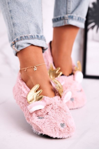 Christmas Insulated Furry Slippers Pink Jingle Bells