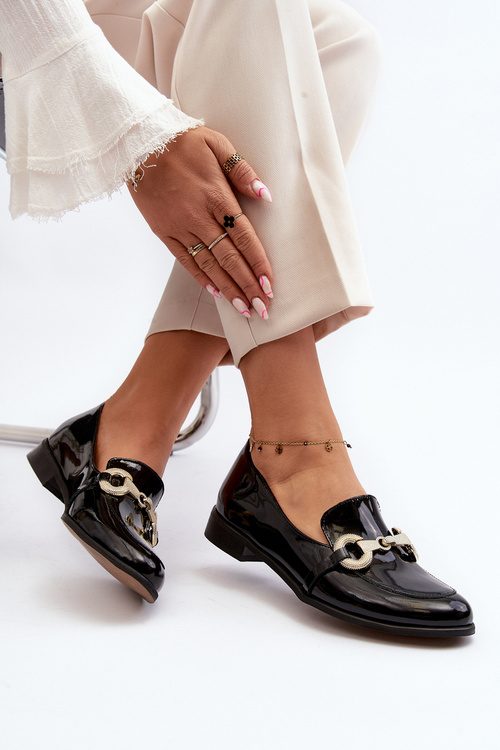 Mokasyny Damskie Lakierowane Ozdoba Czarne Zazoo 2880