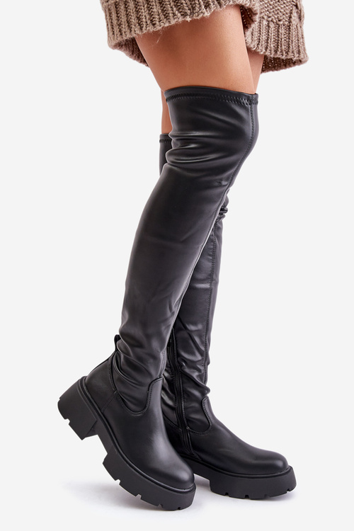 Knee High Platform And Flat Heel Boots Made Of Eco Leather Black Loreviana