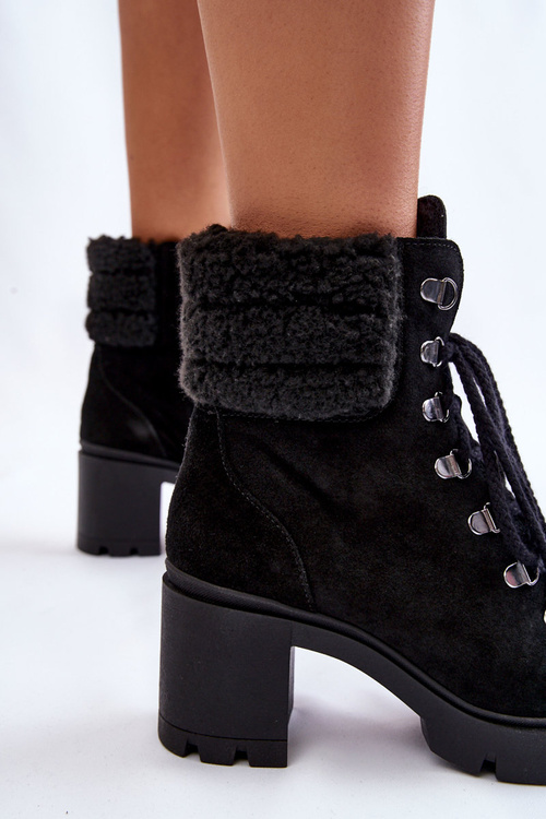 Botki Damskie Zamsz Słupek Czarne Lemar Avely