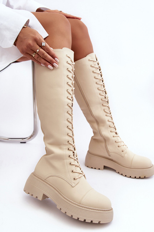 Kozaki Glany Sznurowane Przed Kolano Ocieplane Beżowe Bergdis JJ18