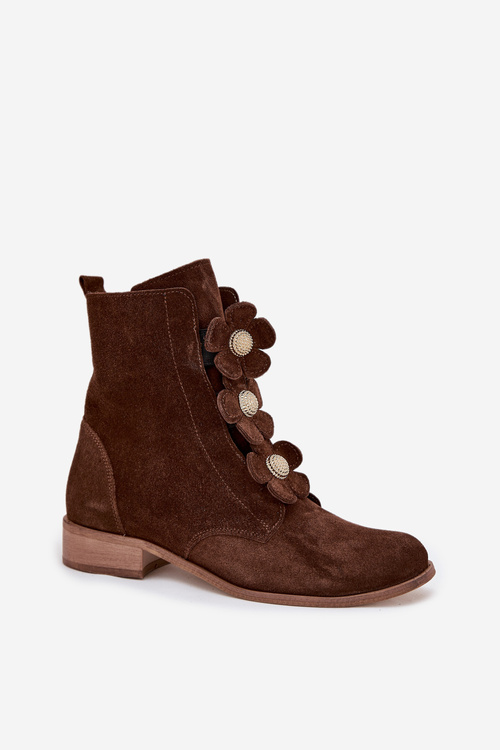 Suede Women's Ankle Boots with Decorative Flowers Zazoo 3085 Brown