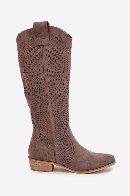 Openwork Women's Knee-High Block Heeled Boots Dark Beige Fioris