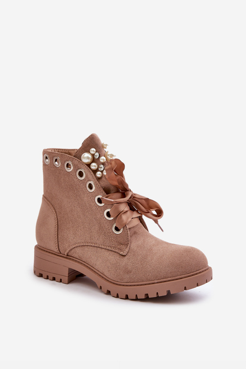Suede Warm Ankle Boots With Pearls And Ribbon Beige Perla