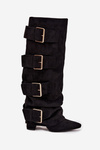 Women's heeled boots with turned-up shaft and gold buckles eco suede black Isavelle