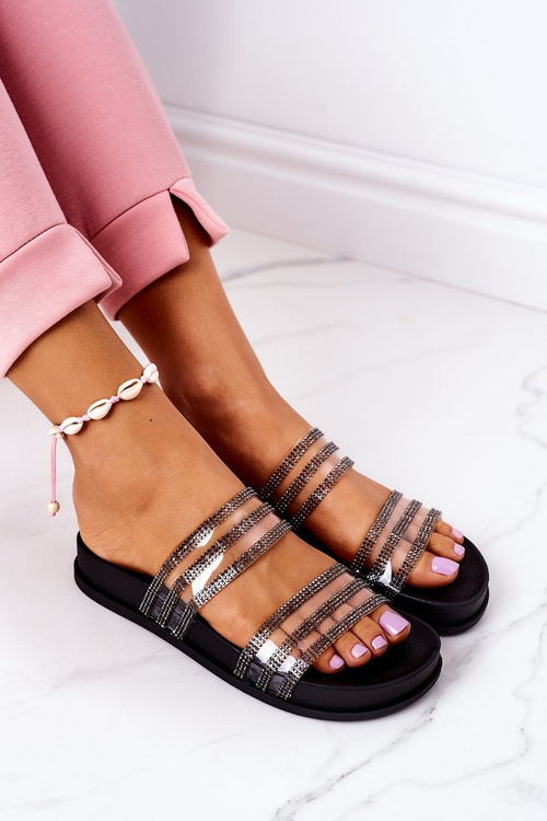 Rubber Slippers With Cubic Zirconia Black Miss You