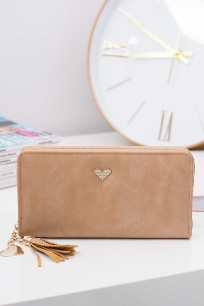 Beige Women's Large Wallet Keyring Golden Heart
