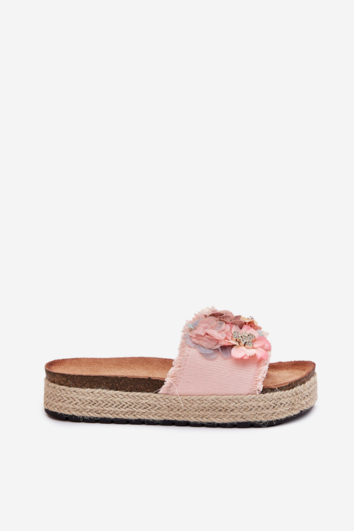 Ladies Platform Sandals With Braiding And Flowers Pink Chellia