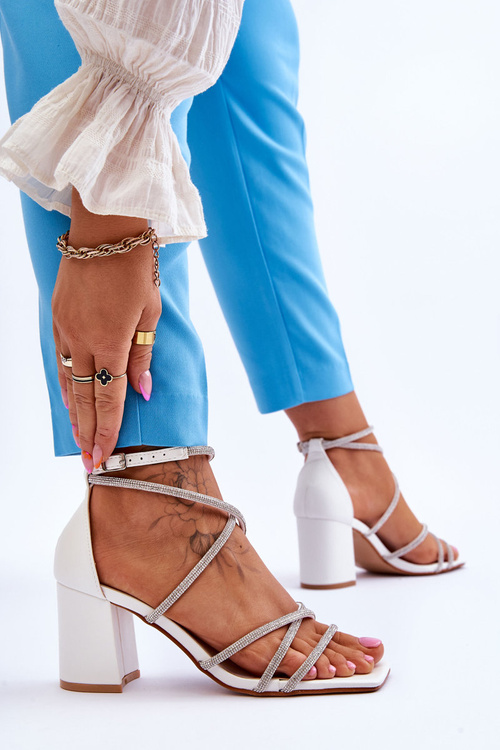 Women's Leather Sandals With Zirconia Heels White Liviano