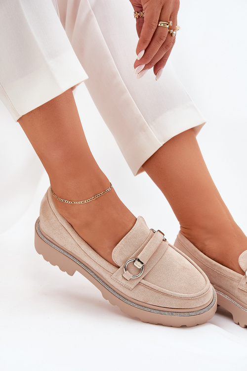 Mokasyny Eko Skórzane Zdobione Cyrkoniami Beżowe Patina